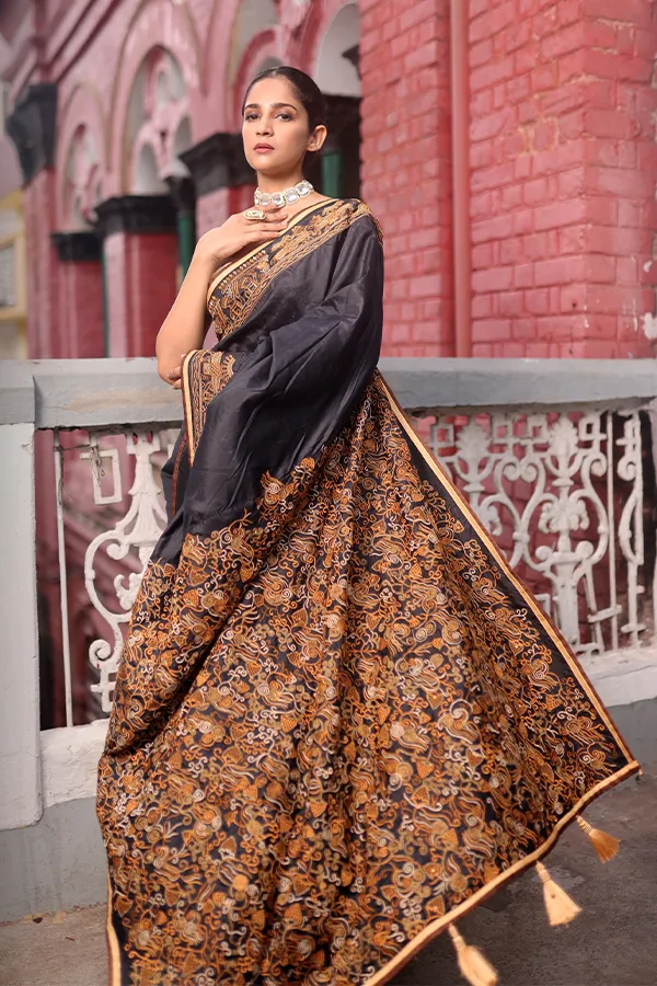ASHWINI || BLACK INTRICATE SHIKARGAH EMBROIDERED SAREE Hover