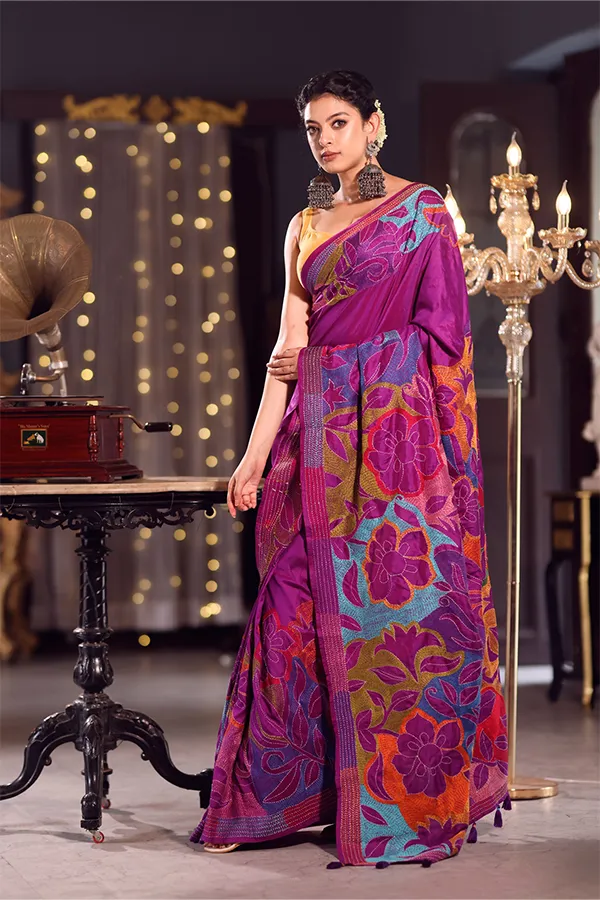 BASANT || PURPLE REFINED FLORAL KANTHA SAREE Hover