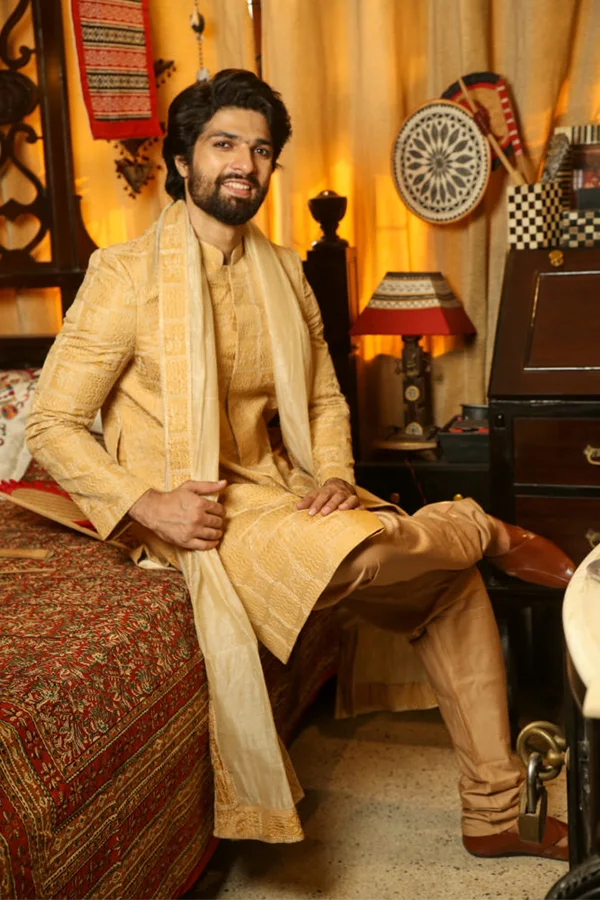 BEIGE CLASSIC HANDCRAFTED SHERWANI SET Hover