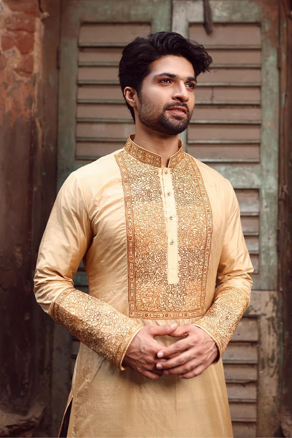 BEIGE INTRICATE JAAL EMBROIDERED KURTA Hover