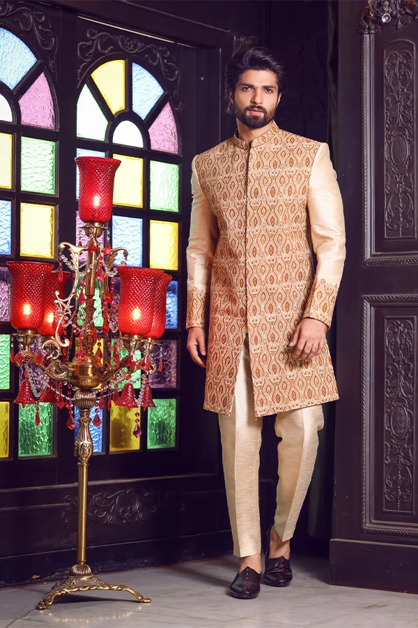 BEIGE KASHIDA EMBROIDERED SHERWANI SET