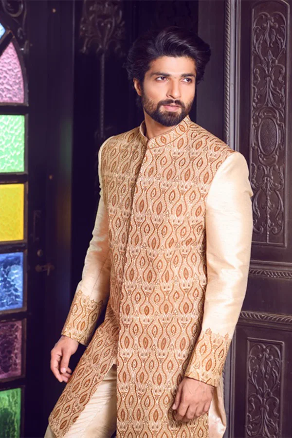 BEIGE KASHIDA EMBROIDERED SHERWANI SET Hover