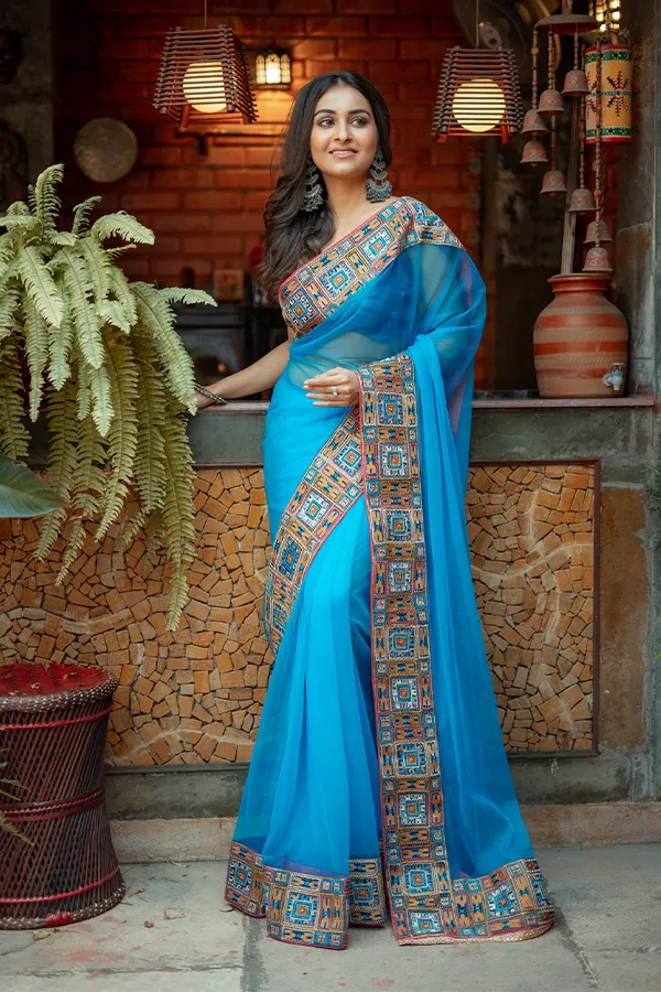 BHOOMI || TURQUOISE BLUE MONGOLIAN ART SAREE