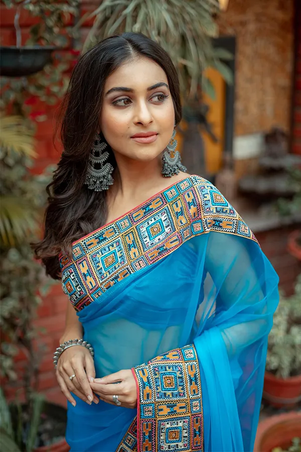 BHOOMI || TURQUOISE BLUE MONGOLIAN ART SAREE Hover