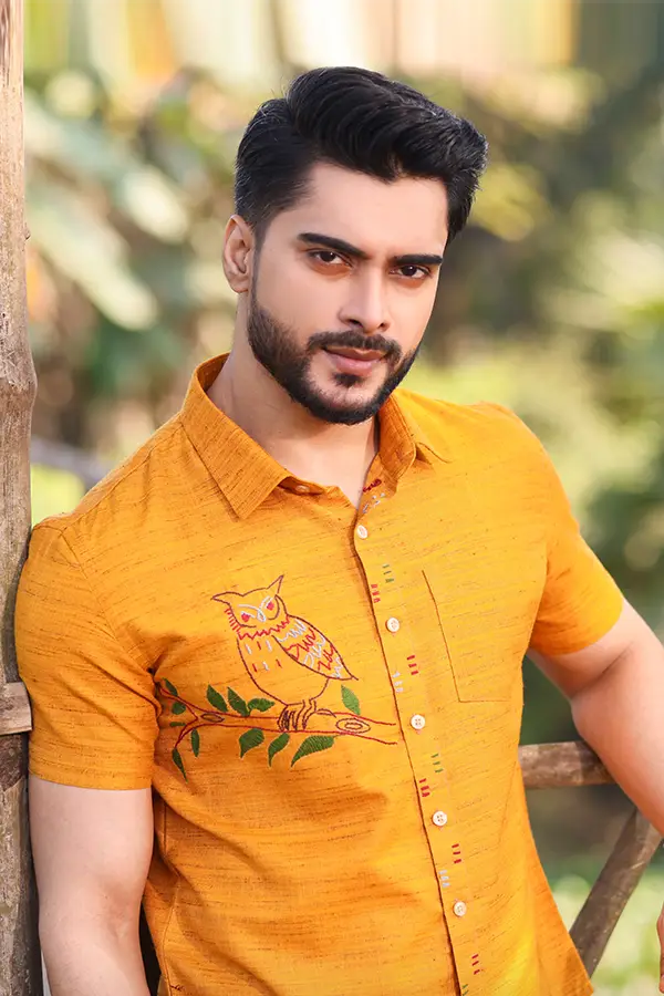 BIRD OF NIGHT EMBROIDERED DESIGNER SHIRT - MUSTARD
