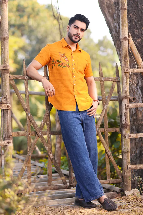 BIRD OF NIGHT EMBROIDERED DESIGNER SHIRT - MUSTARD Hover