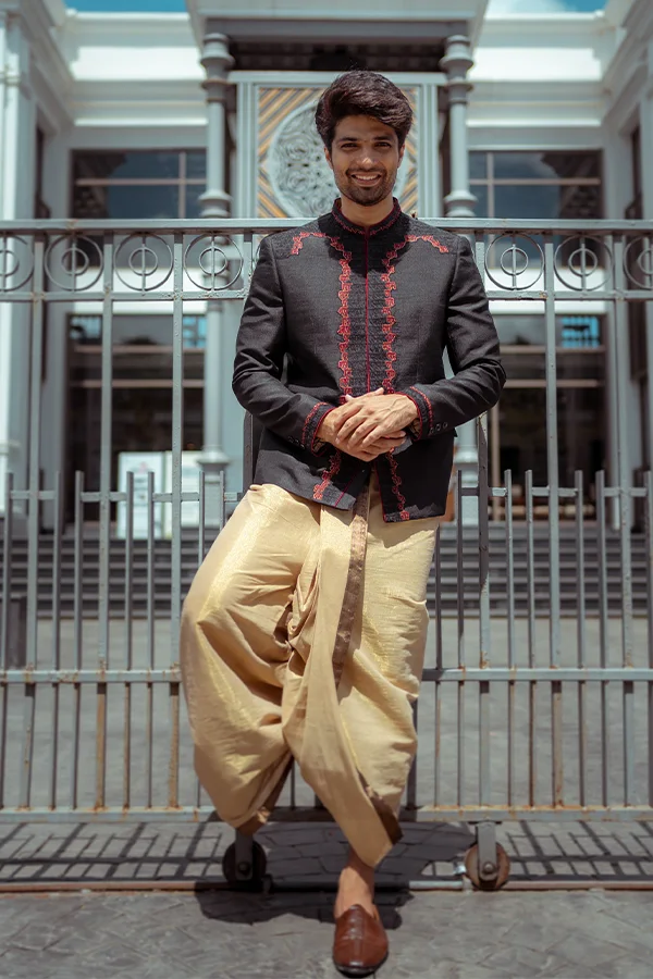 BLACK DEVANAGARI EMBROIDERED PRINCECOAT SET Hover