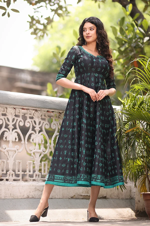 BLACK KANTHA MINIATURE ART LONG DRESS Hover