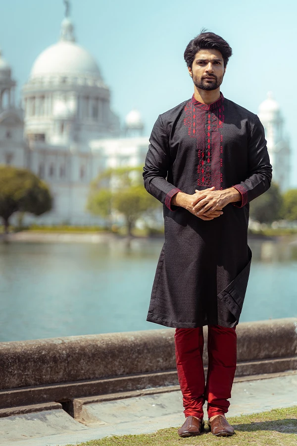 BLACK KANTHA EMBROIDERED  KURTA