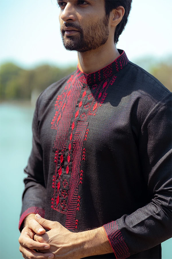 BLACK KANTHA EMBROIDERED  KURTA Hover
