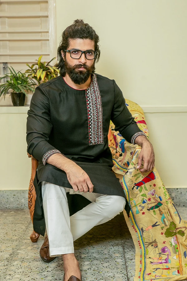 BLACK TRIBAL PATTERN KANTHA  KURTA