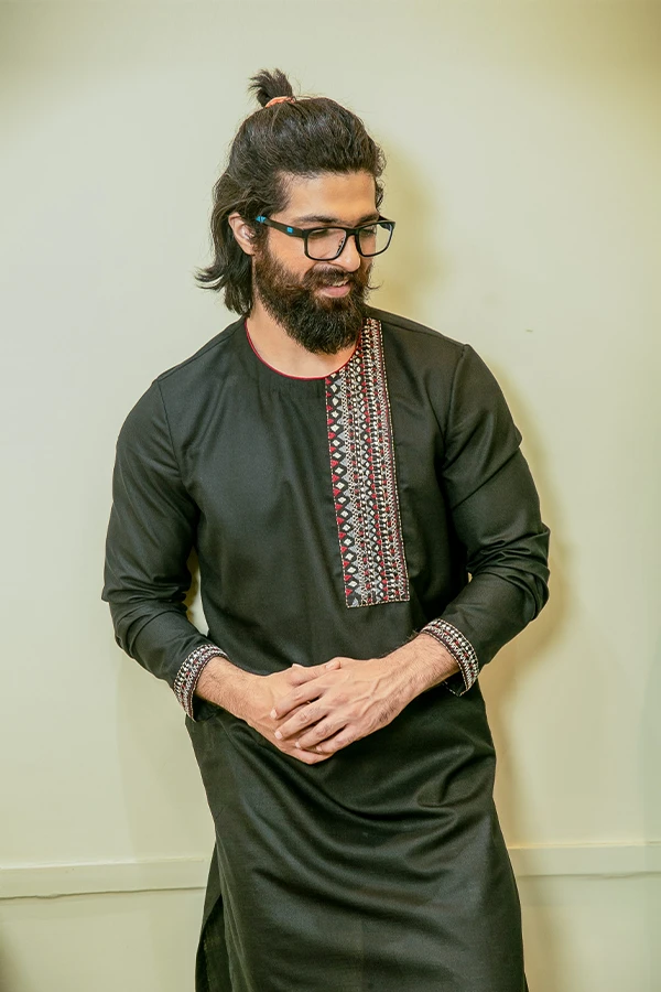 BLACK TRIBAL PATTERN KANTHA  KURTA Hover