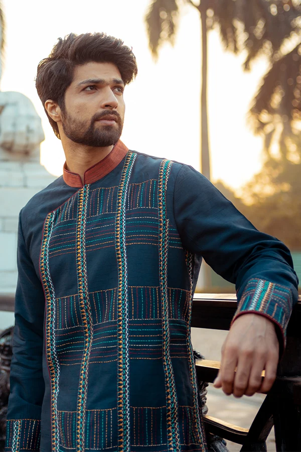 BLUE GEOMETRIC KANTHA EMBROIDERED KURTA Hover