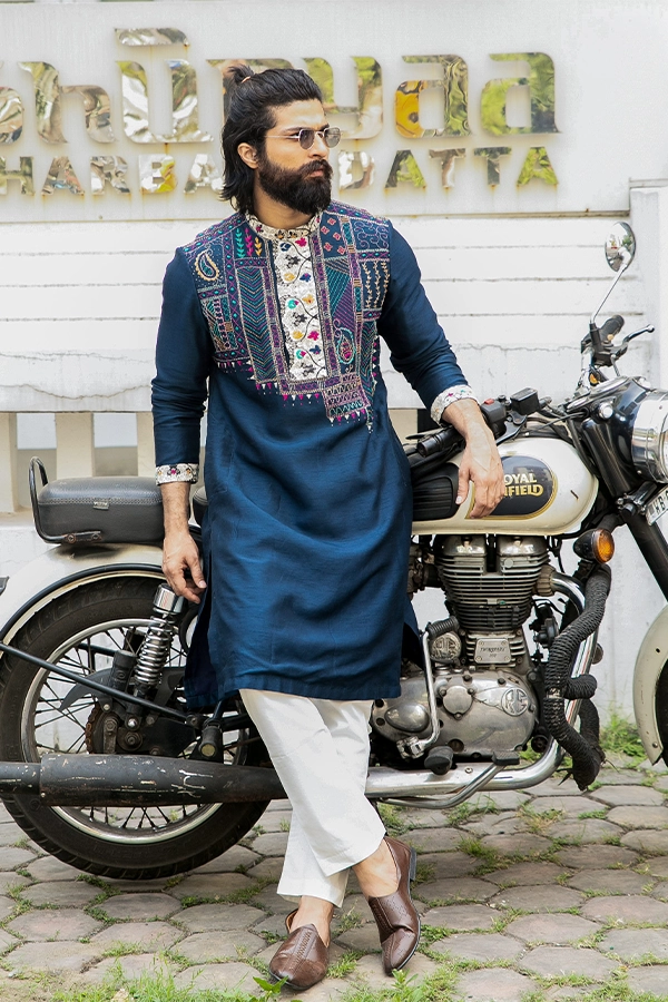 BLUE HANDMADE KANTHA EMBROIDERED KURTA