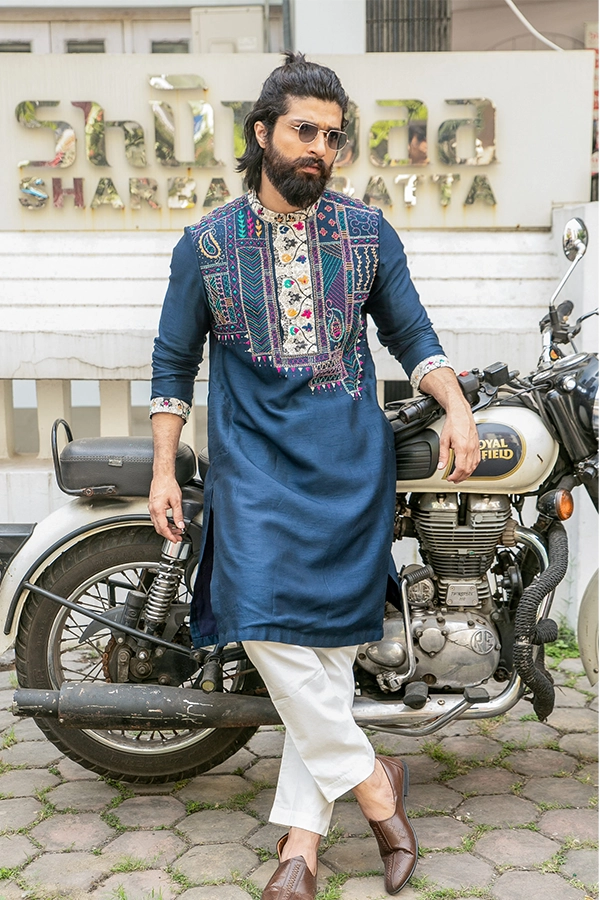 BLUE HANDMADE KANTHA EMBROIDERED KURTA Hover