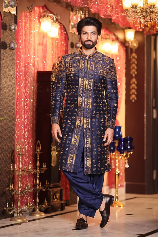 BLUE MUSTARD ELEGANT KANTHA SHERWANI SET Hover