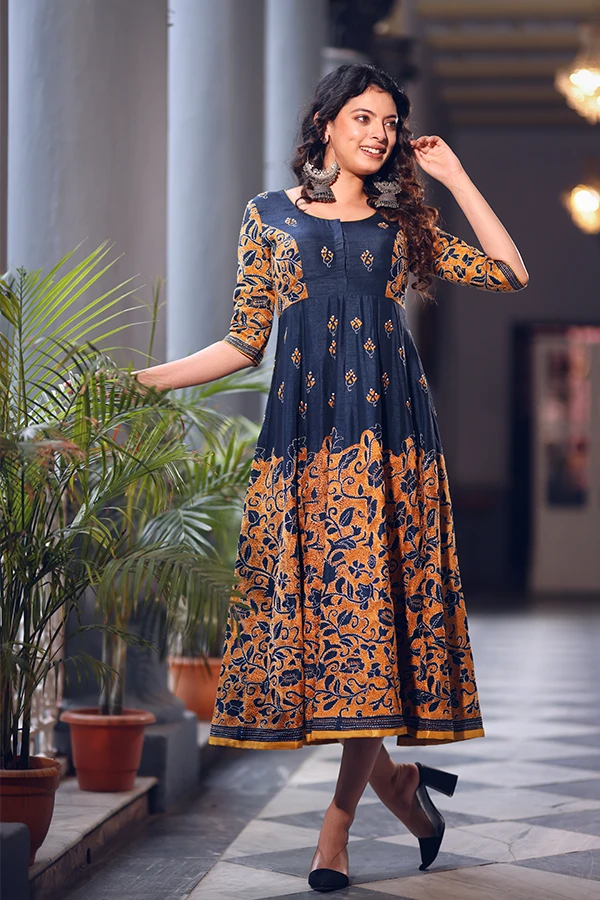 BLUE MUSTARD HERITAGE FLORAL KANTHA DRESS