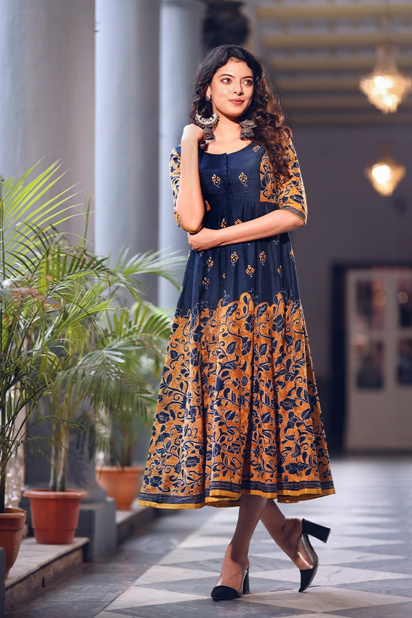 BLUE MUSTARD HERITAGE FLORAL KANTHA DRESS Hover