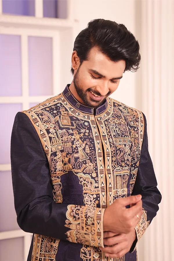 BLUE ROYAL ART EMBROIDERED SHERWANI SET Hover