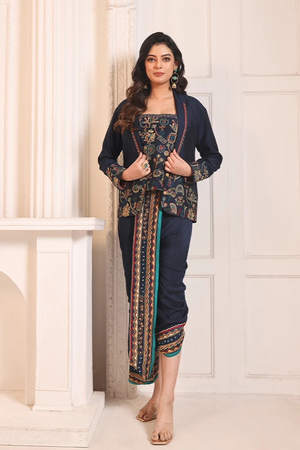 BLUE RURAL ART EMBROIDERED DHOTI SET Hover