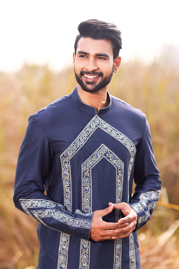 BLUE TEMPLE PATTERN HANDMADE KURTA