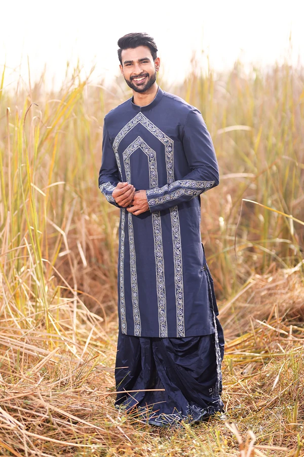 BLUE TEMPLE PATTERN HANDMADE KURTA Hover