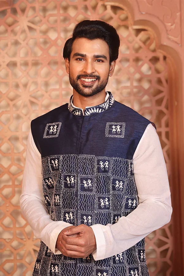 BLUE WARLI KANTHA HALF JACKET/BUNDI SET