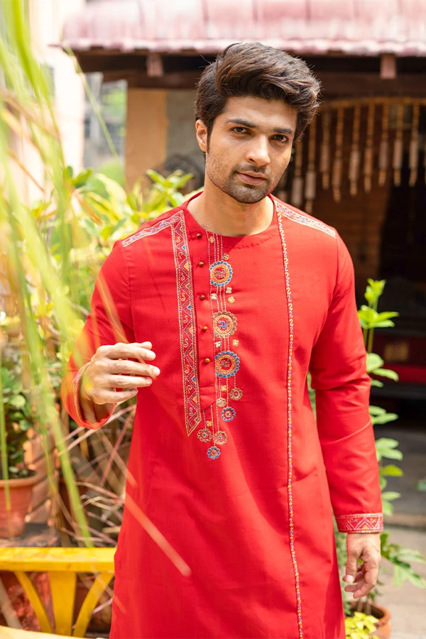 CHANDMALA EMBROIDRED RED KURTA Hover