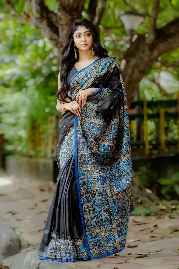 CHITRALEKHA || BLACK ROYAL ART EMBROIDERED SAREE Hover