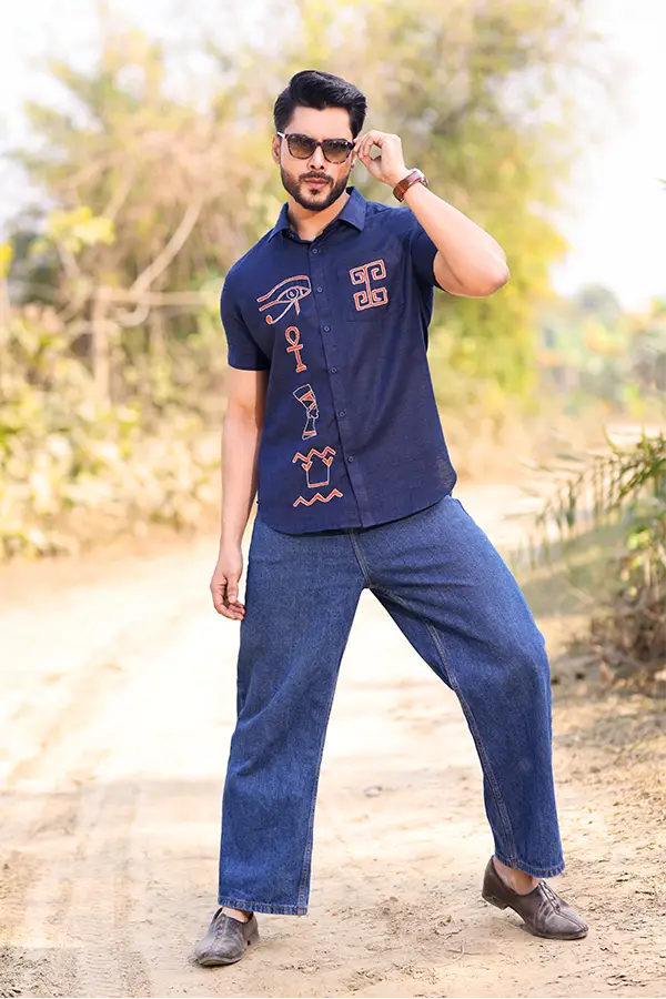 EGYPTIAN EMBROIDERED DESIGNER SHIRT - DEEP BLUE Hover