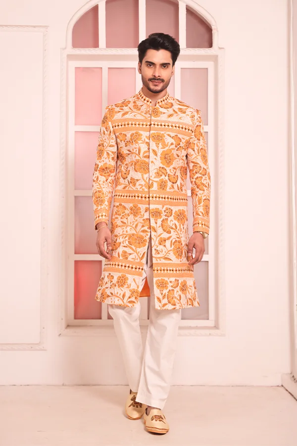 EXCLUSIVE HANDCRAFTED FLORAL KANTHA  SHERWANI SET