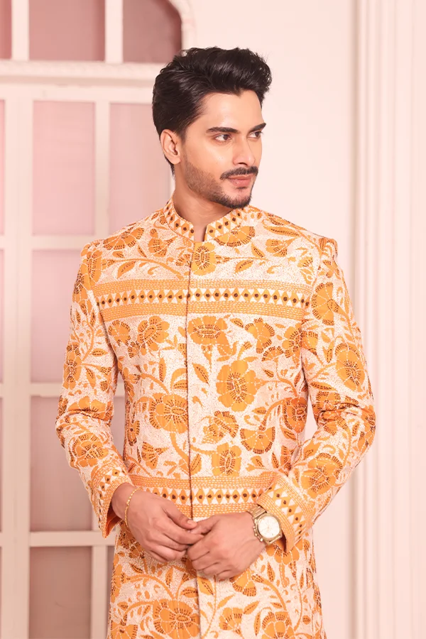 EXCLUSIVE HANDCRAFTED FLORAL KANTHA  SHERWANI SET Hover