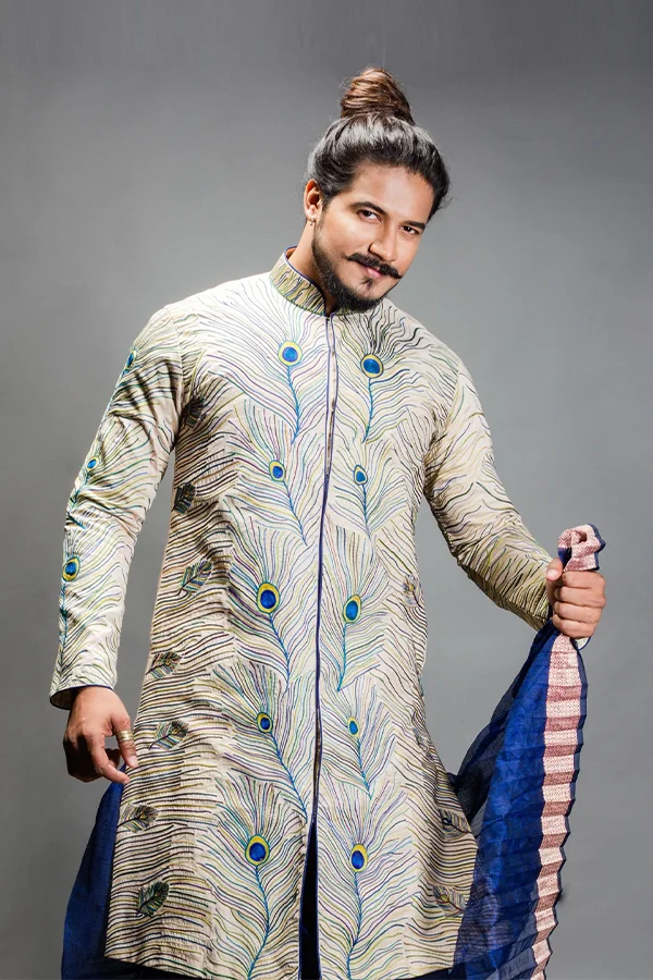 EXQUISITE IVORY PEACOCK FEATHER EMBROIDERED ACHKAN Hover