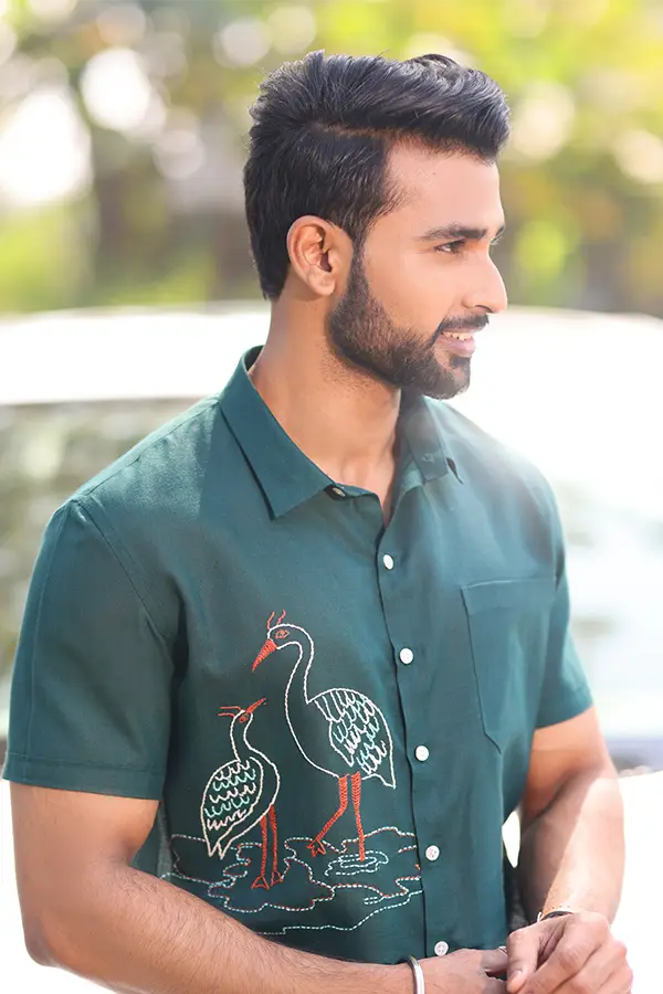 FAUNA EMBROIDRED DESIGNER SHIRT - BOTTLE GREEN
