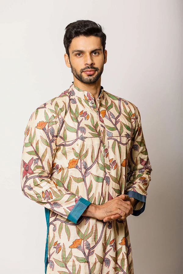 TUSSAR FLORAL KANTHA HANDCRAFTED KURTA