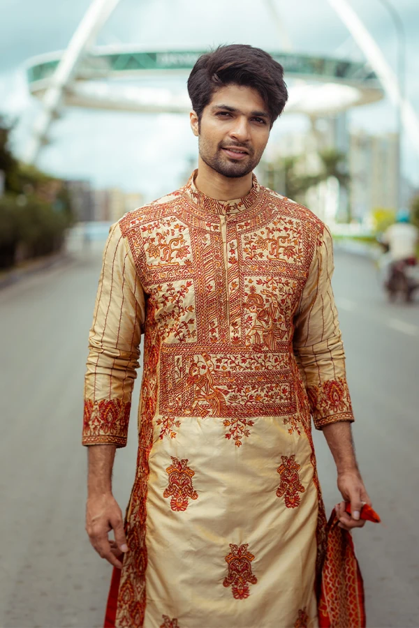 GOLDEN SILK TRADITIONAL INDIAN WEDDING  KURTA Hover