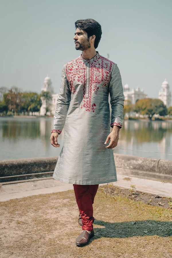 GREY CLASSIC KANTHA EMBROIDERED KURTA