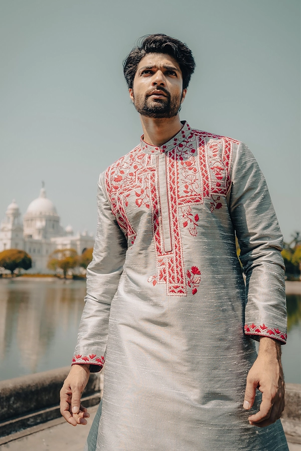 GREY CLASSIC KANTHA EMBROIDERED KURTA Hover