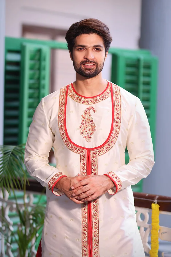 IVORY BENGALI CLASSICAL EMBROIDERED ANGRAKHA Hover