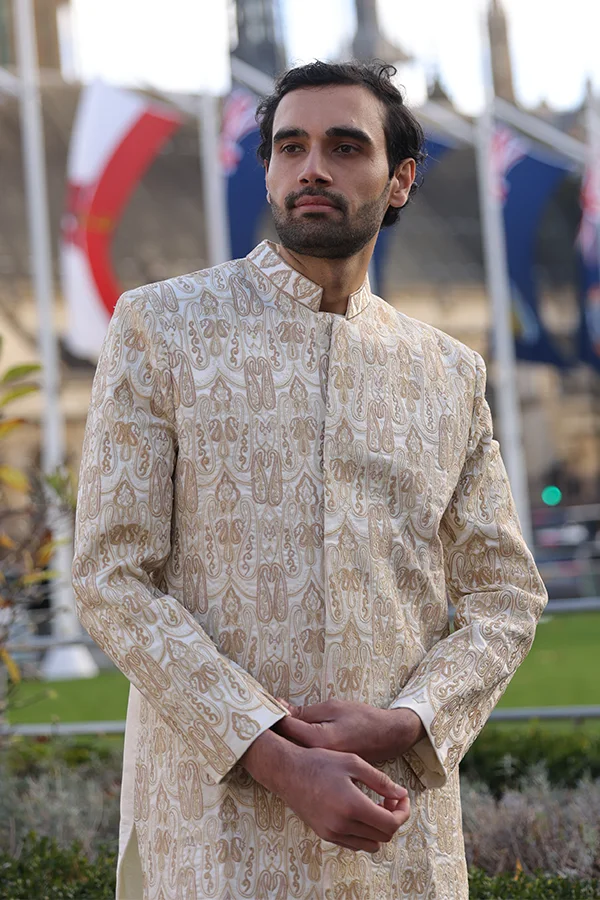 IVORY GOLD PAISLEY TIMELESS EMBROIDERED SHERWANI SET Hover