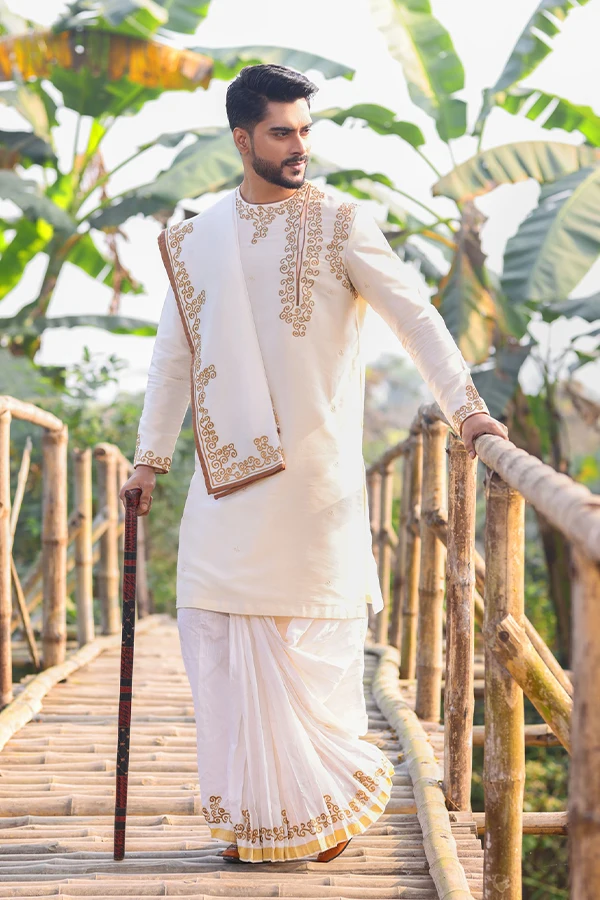 IVORY TRADITIONAL BENGALI KURTA SET Hover