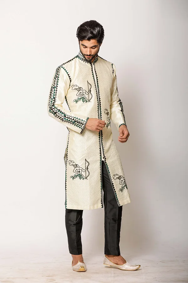 IVORY VEDIC ARCHER EMBROIDERRED ACHKAN