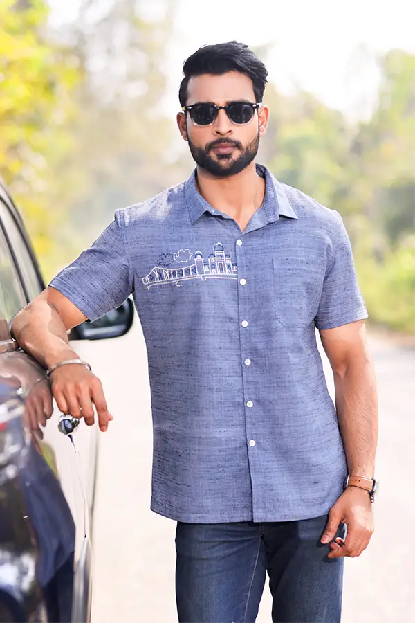 KOLKATA SKYLINE EMBROIDERED DESIGNER SHIRT - POWDER BLUE Hover