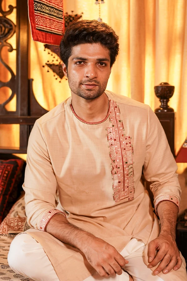 LIGHT PEACH KANTHA EMBROIDERED KURTA Hover