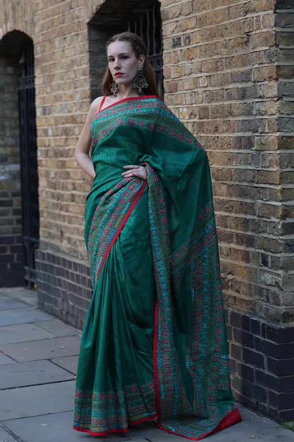 MANJARI || GREEN GEOMETRIC FLORAL KANTHA SAREE