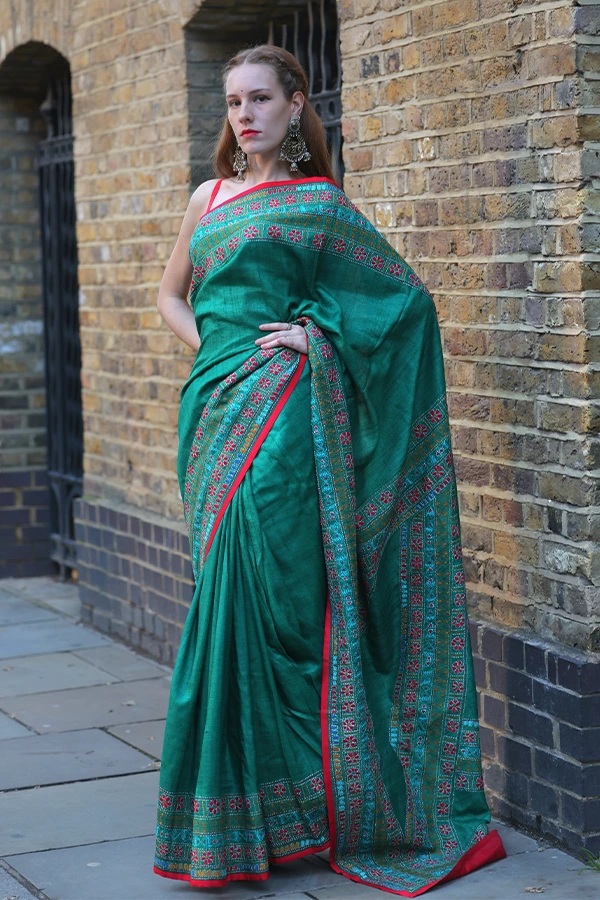 MANJARI || GREEN GEOMETRIC FLORAL KANTHA SAREE