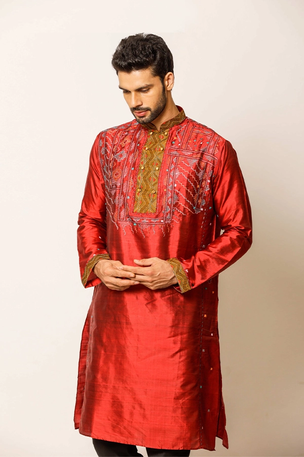 MAROON TODA MOTIF KANTHA KURTA