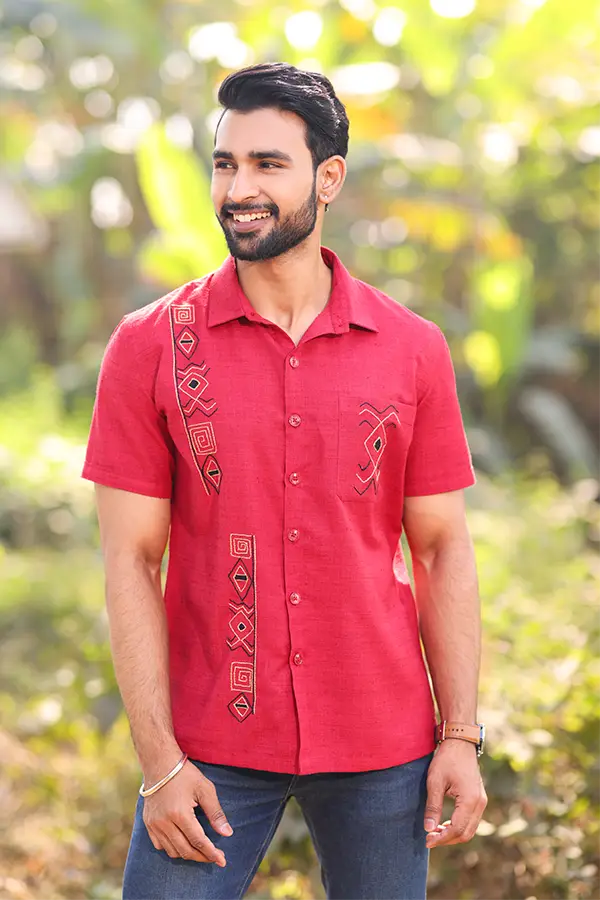 MEXICAN GEOMETRIC EMBROIDERED DESIGNER SHIRT- RED