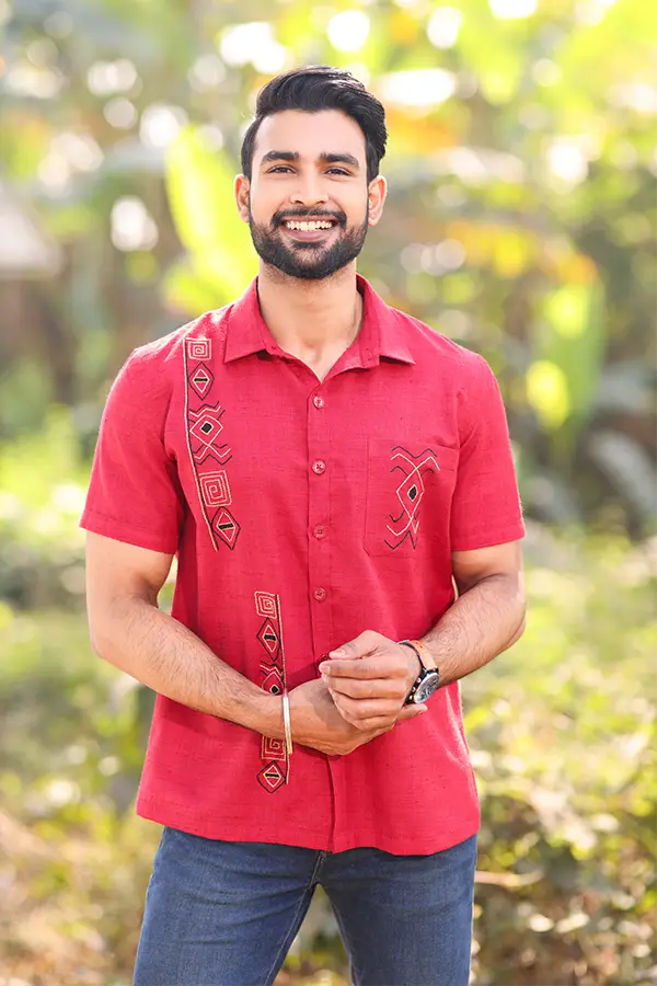 MEXICAN GEOMETRIC EMBROIDERED DESIGNER SHIRT- RED Hover