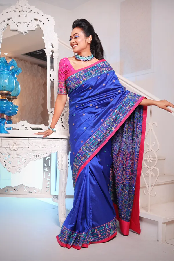 MIRAYA || ELEGANT BLUE BENGAL FOLK ART SAREE Hover